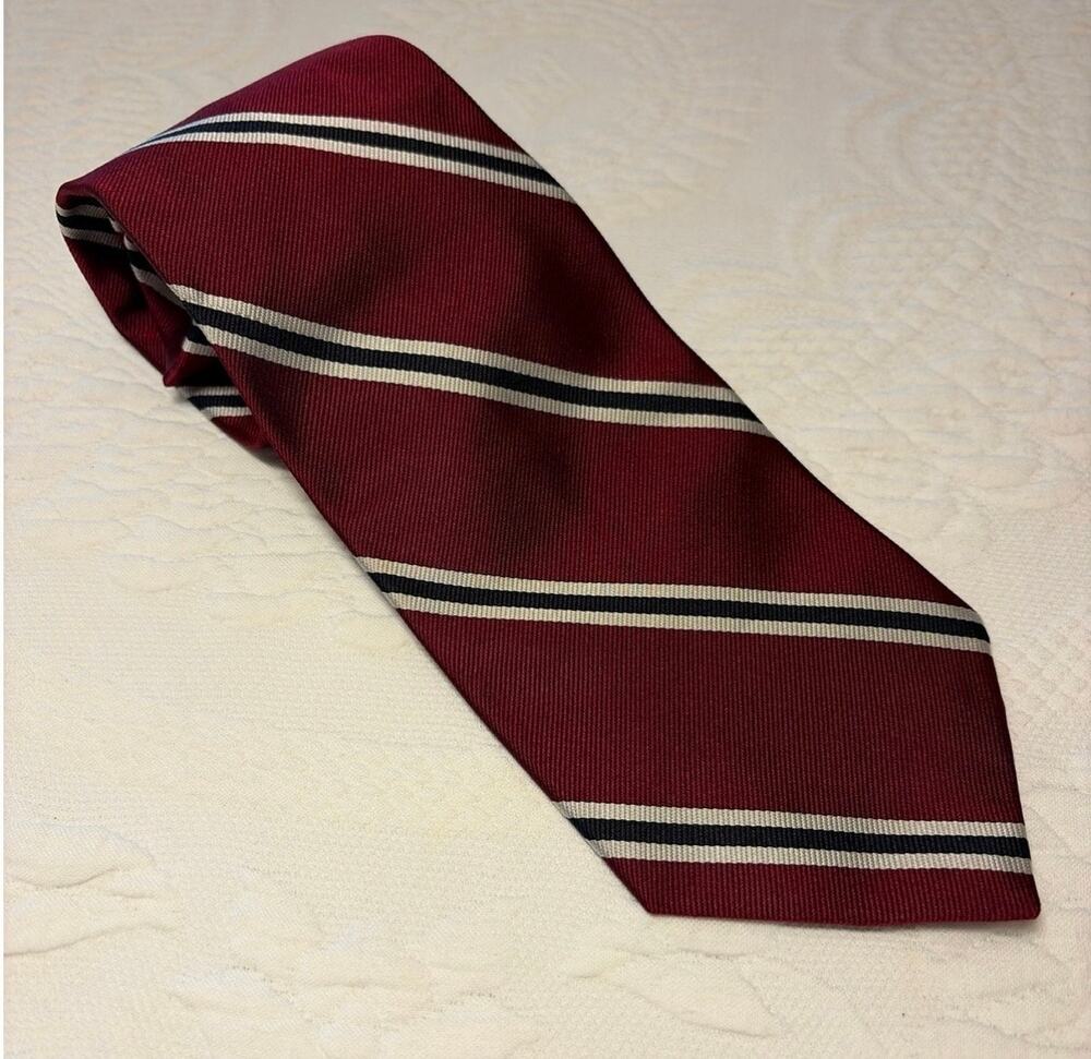 Meeting Street 100% Silk Necktie Handmade Italy Burgundy Black White Repp Stripe